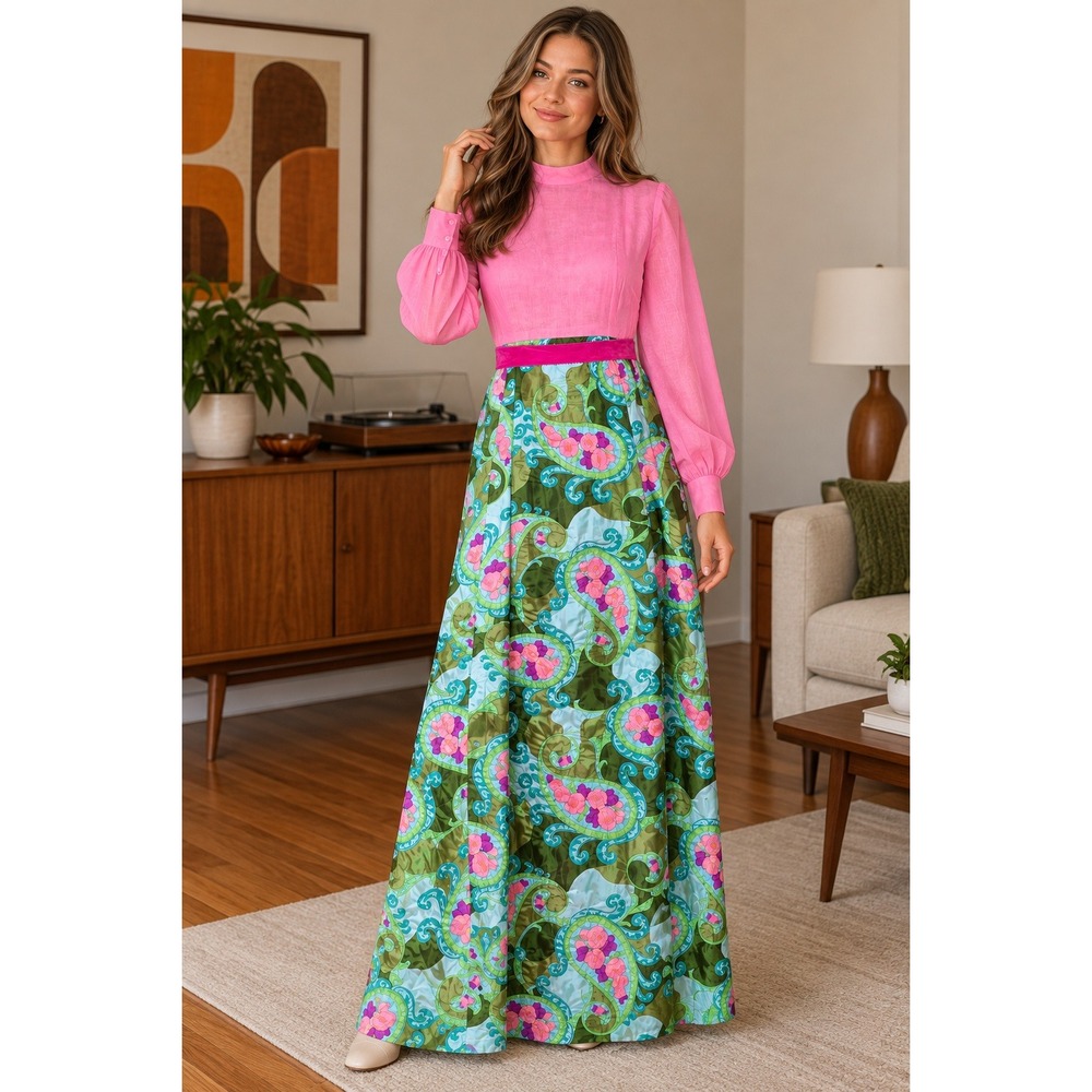Vintage 60s Maxi Dress Womens Small Pink Green Paisley Mod Long Sleeve Gown